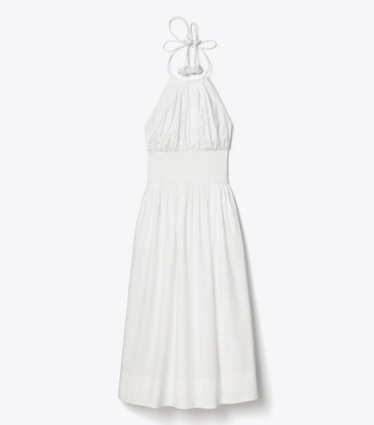 Tory Burch designer dresses Smocked Poplin Halter Dress in White front