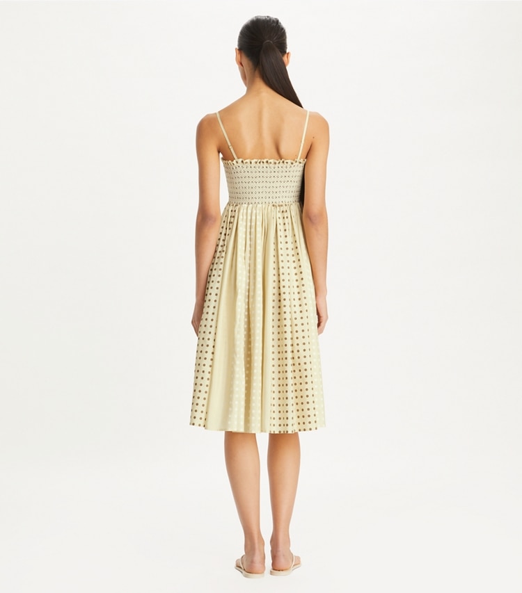 Tory Burch designer coverups Smocked Silk Dress in Cream Multi on model back