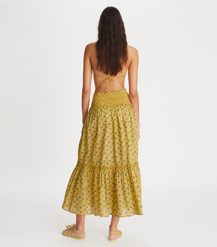 Tory Burch designer coverups Smocked Skirt in Yellow Garden Rose on model back