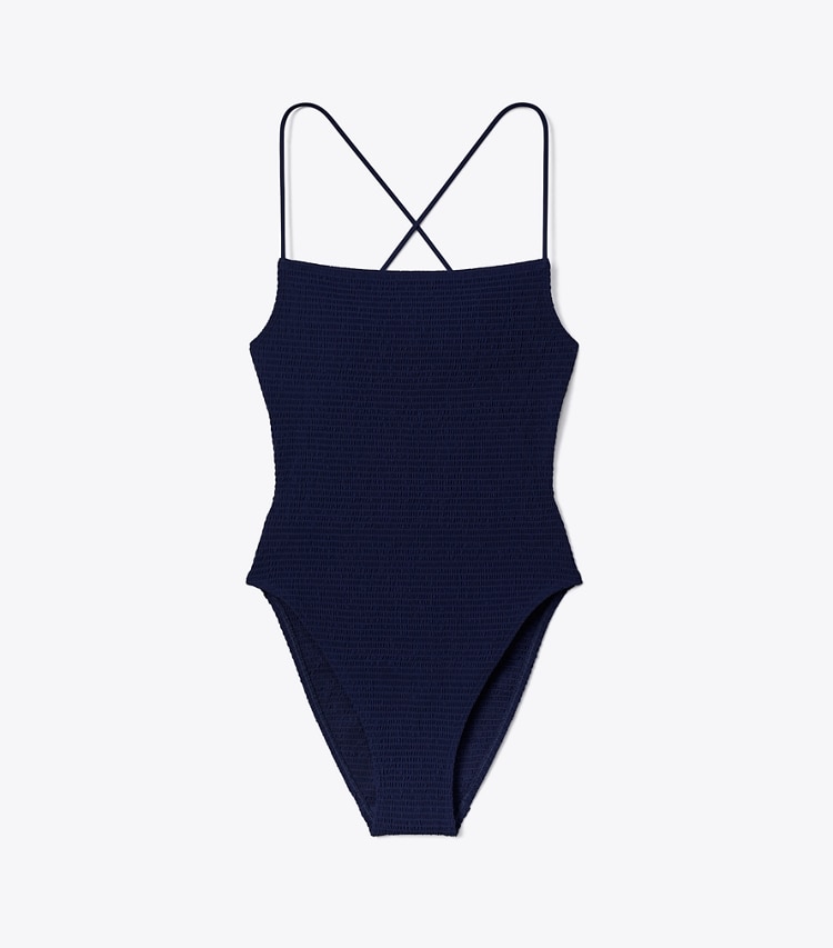 Tory Burch designer one pieces Smocked Swimsuit in Medium Navy front