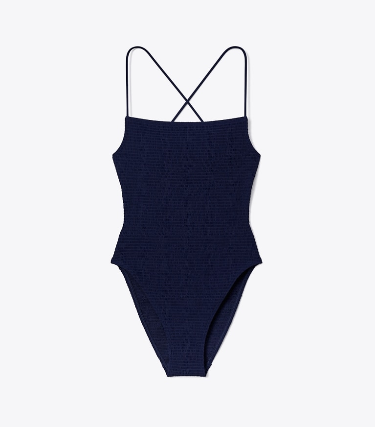 Tory Burch designer one pieces Smocked Swimsuit in Medium Navy front