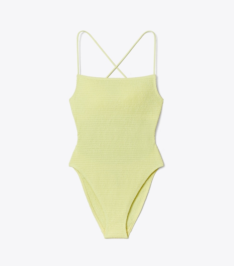 Tory Burch designer one pieces Smocked Swimsuit in Lumen front