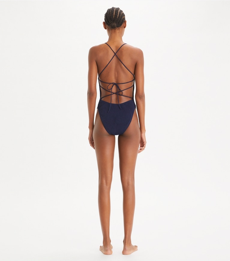 Tory Burch designer one pieces Smocked Swimsuit in Medium Navy front