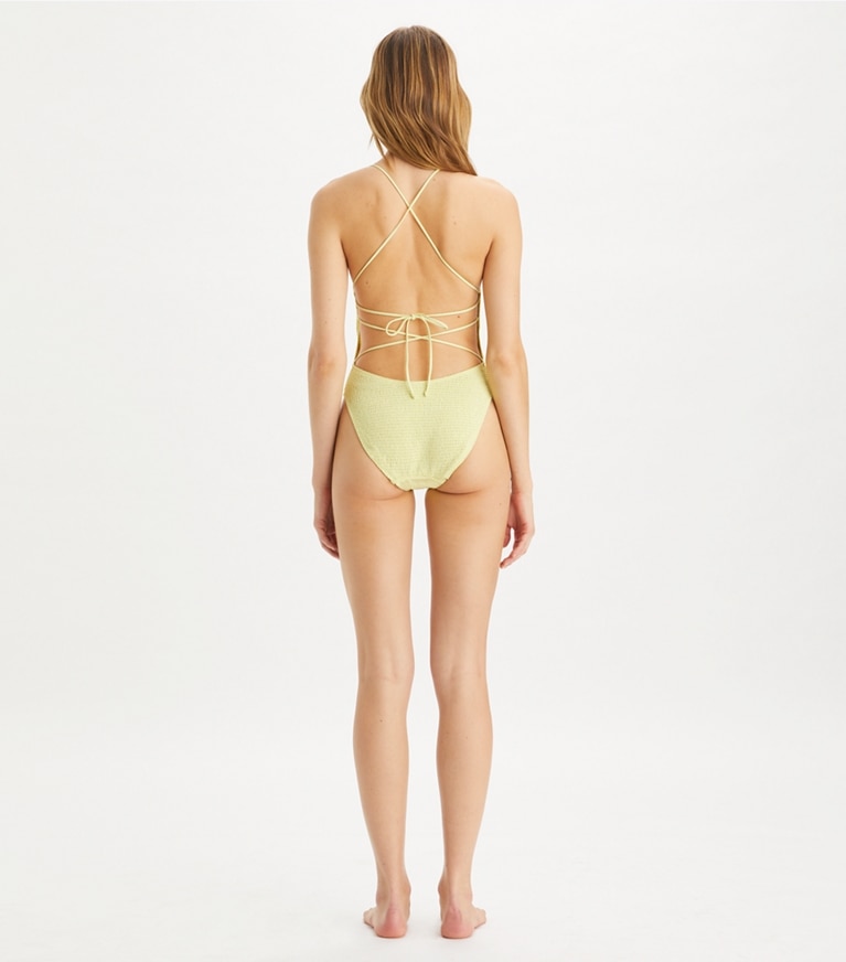 Tory Burch designer one pieces Smocked Swimsuit in Lumen front