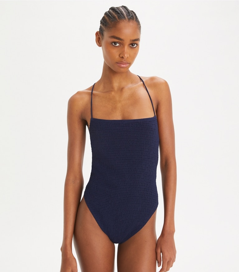 Tory Burch designer one pieces Smocked Swimsuit in Medium Navy front