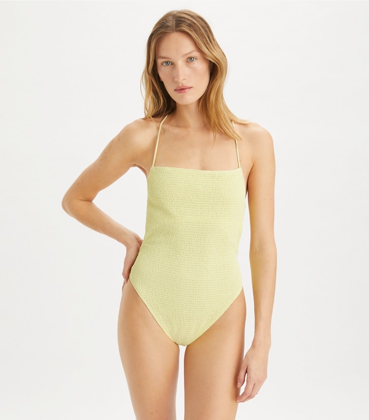 Tory Burch designer one pieces Smocked Swimsuit in Lumen on model detail