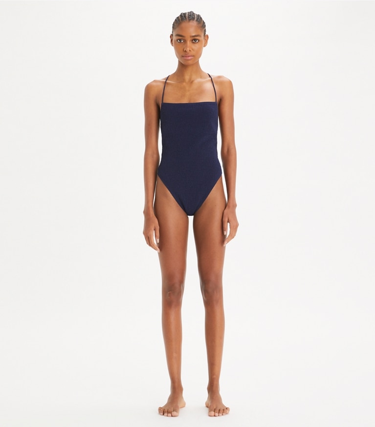 Tory Burch designer one pieces Smocked Swimsuit in Medium Navy front