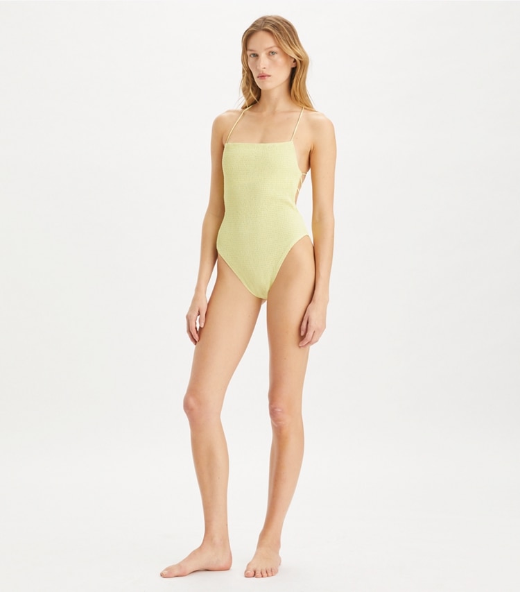 Tory Burch designer one pieces Smocked Swimsuit in Lumen on model front