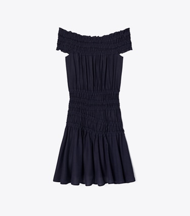 Tory Burch designer coverups Smocked Viscose Dress in Medium Navy front
