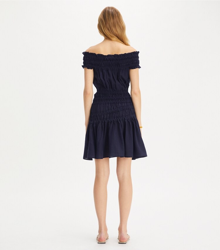 Tory Burch designer coverups Smocked Viscose Dress in Medium Navy on model back