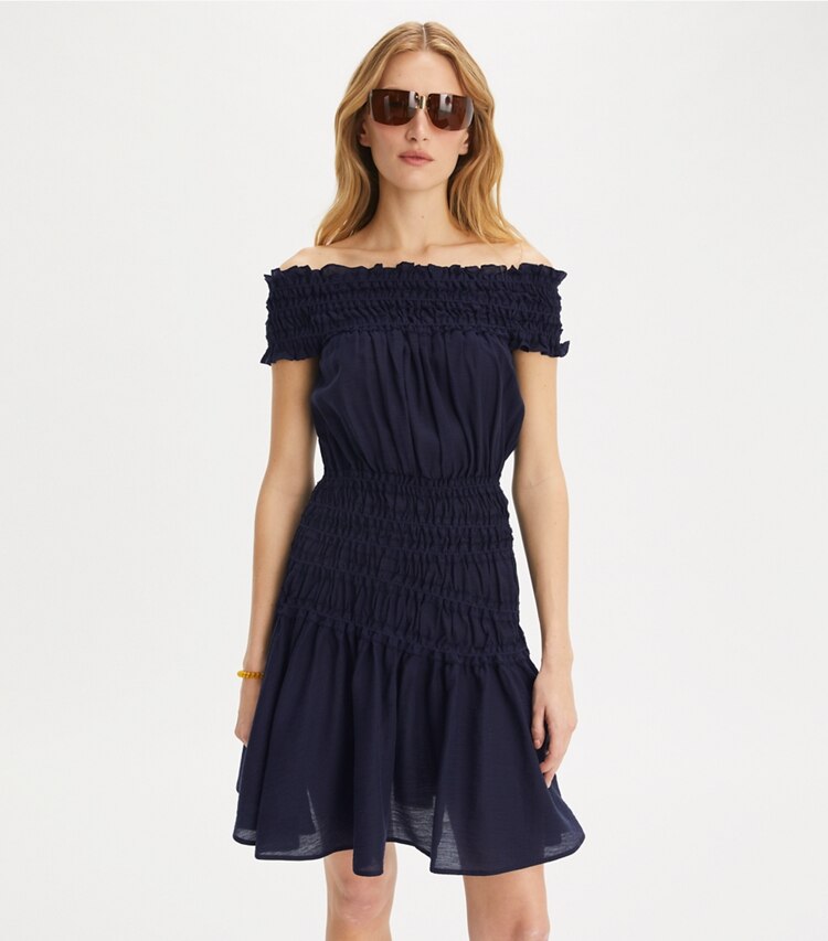 Tory Burch designer coverups Smocked Viscose Dress in Medium Navy on model detail