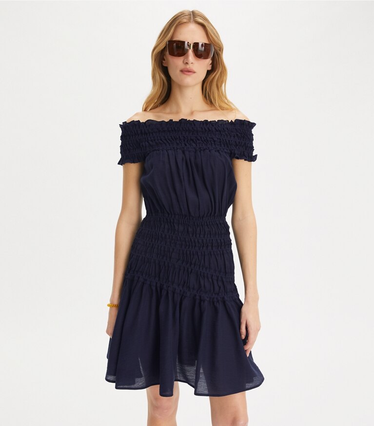 Tory Burch designer coverups Smocked Viscose Dress in Medium Navy front