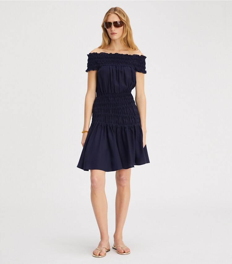 Tory Burch designer coverups Smocked Viscose Dress in Medium Navy on model front