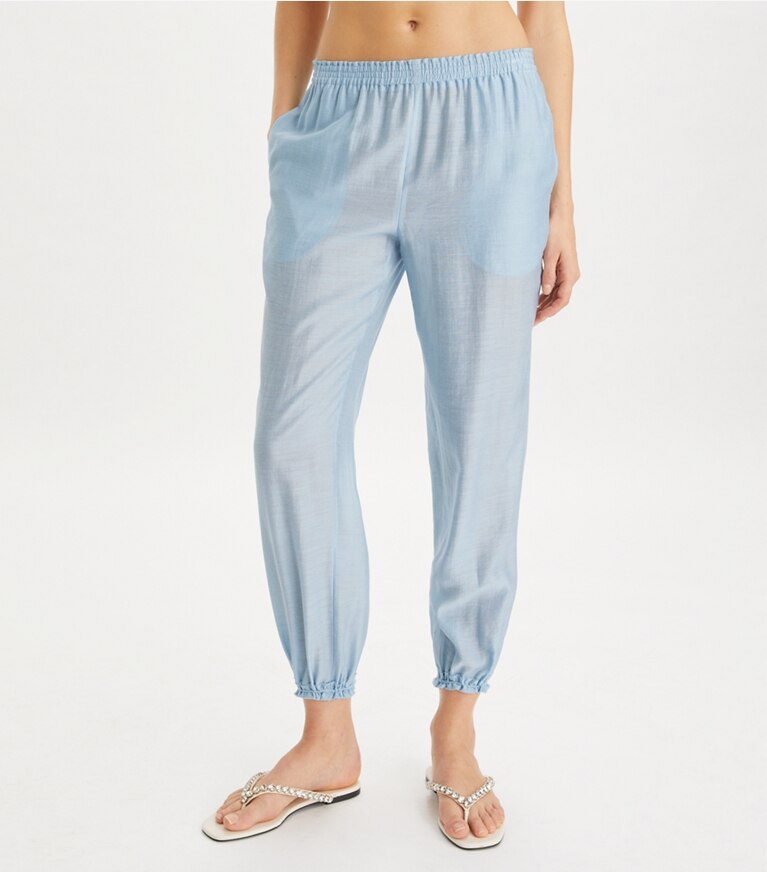 Tory Burch designer coverups Smocked Viscose Pant in Light Blue Sky on model detail