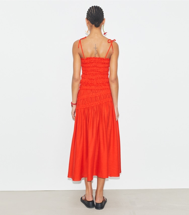 Tory Burch designer coverups Smocked Viscose Skirt in Deep Poppy on model back