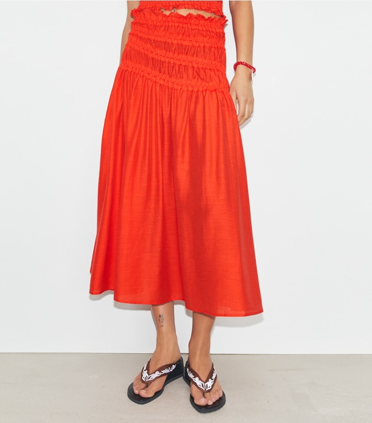 Tory Burch designer coverups Smocked Viscose Skirt in Deep Poppy front