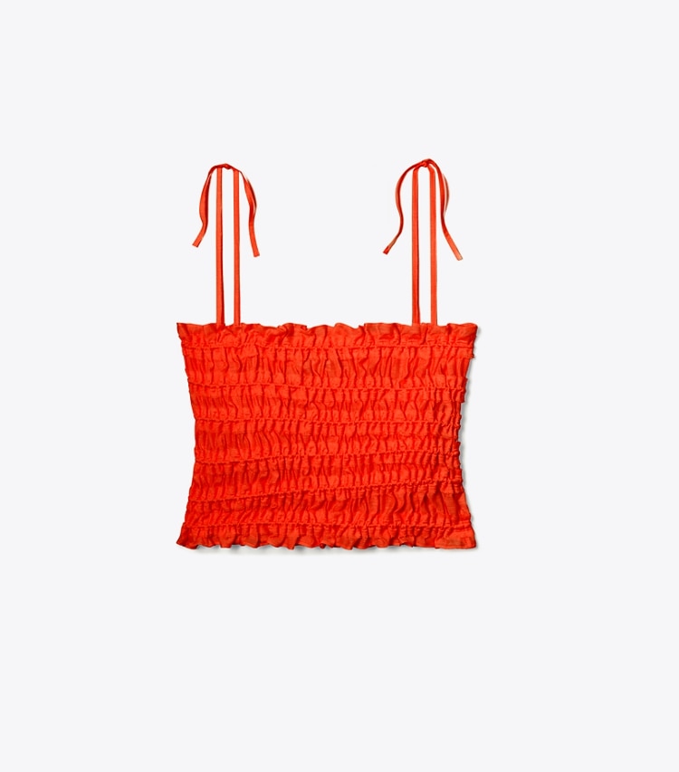 Tory Burch designer coverups Smocked Viscose Top in Deep Poppy front