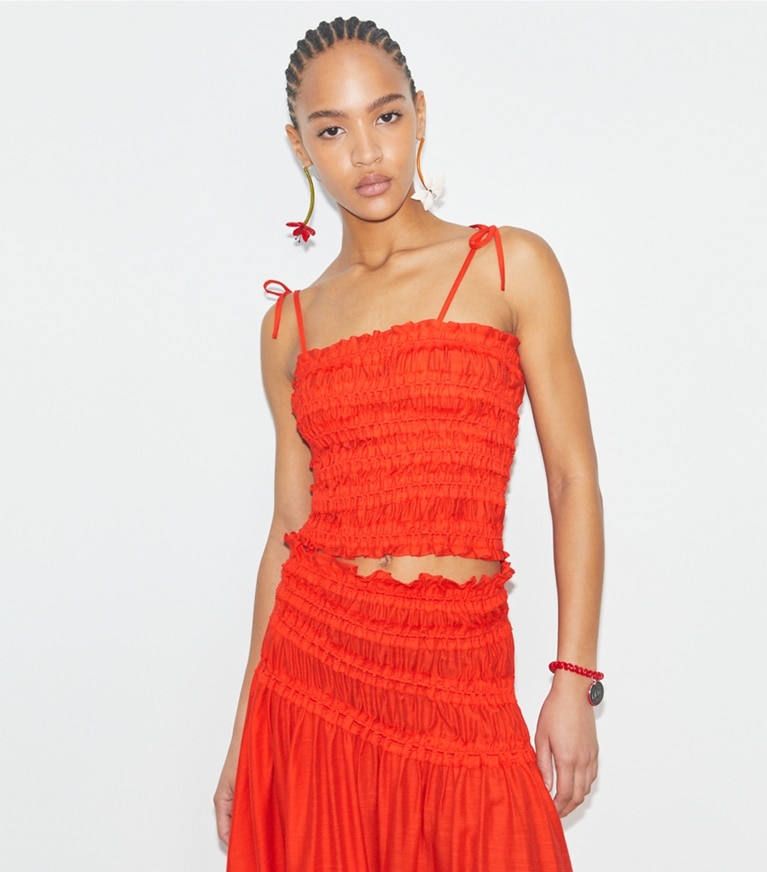 Tory Burch designer coverups Smocked Viscose Top in Deep Poppy front