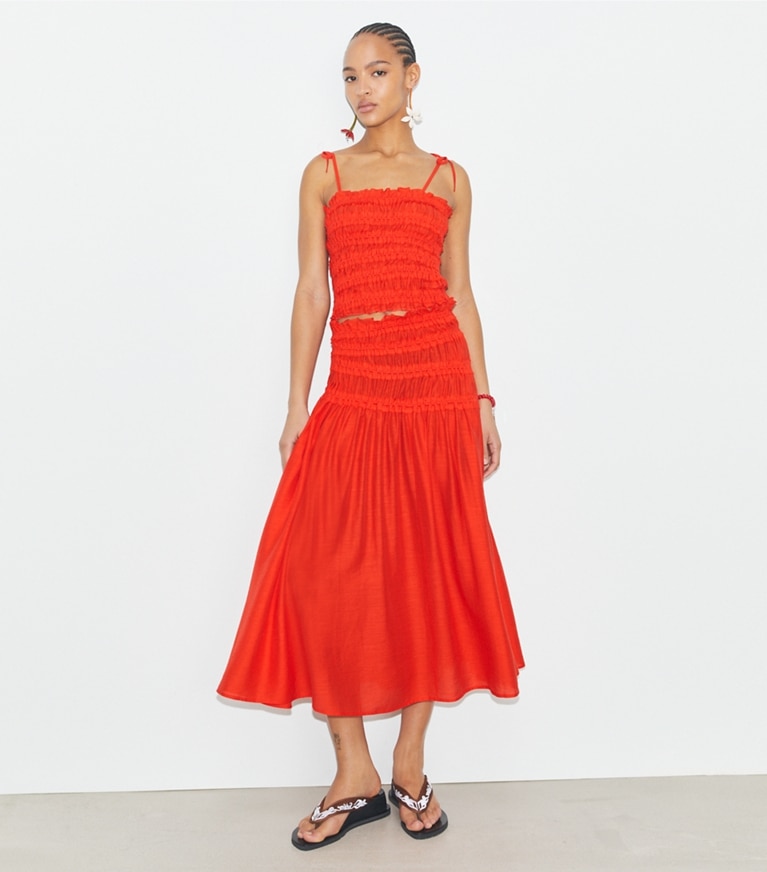 Tory Burch designer coverups Smocked Viscose Top in Deep Poppy front