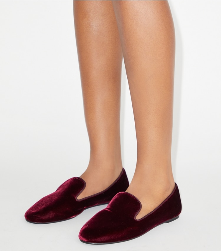 Tory Burch designer flats Smoking Slipper in DARK CARMINE accessory on model