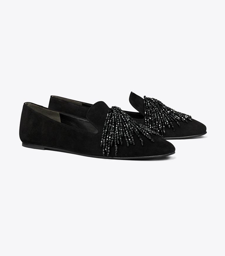 Tory Burch designer flats Smoking Slipper in PERFECT BLACK angle