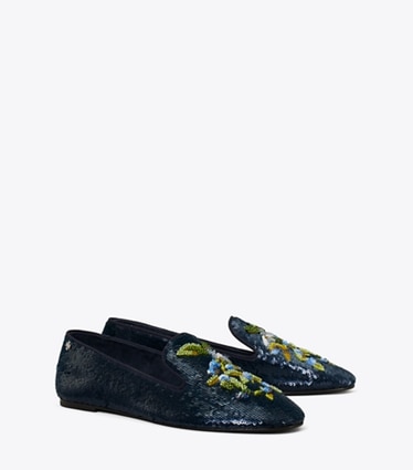 Tory Burch designer flats Smoking Slipper in MEDIUM NAVY angle