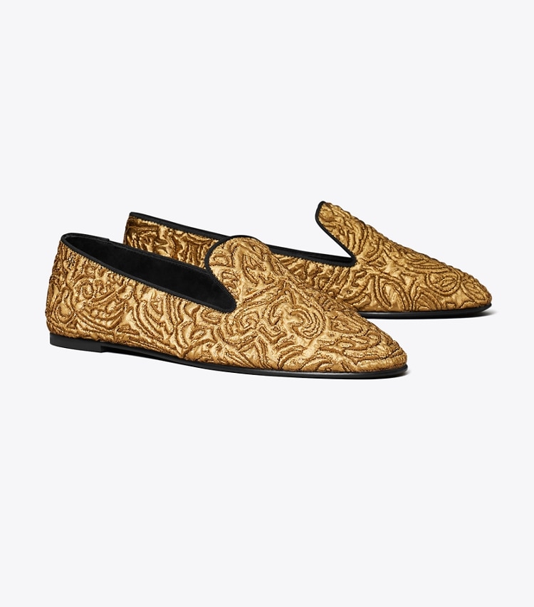 Tory Burch designer flats Smoking Slipper in GOLD TEMPLE angle