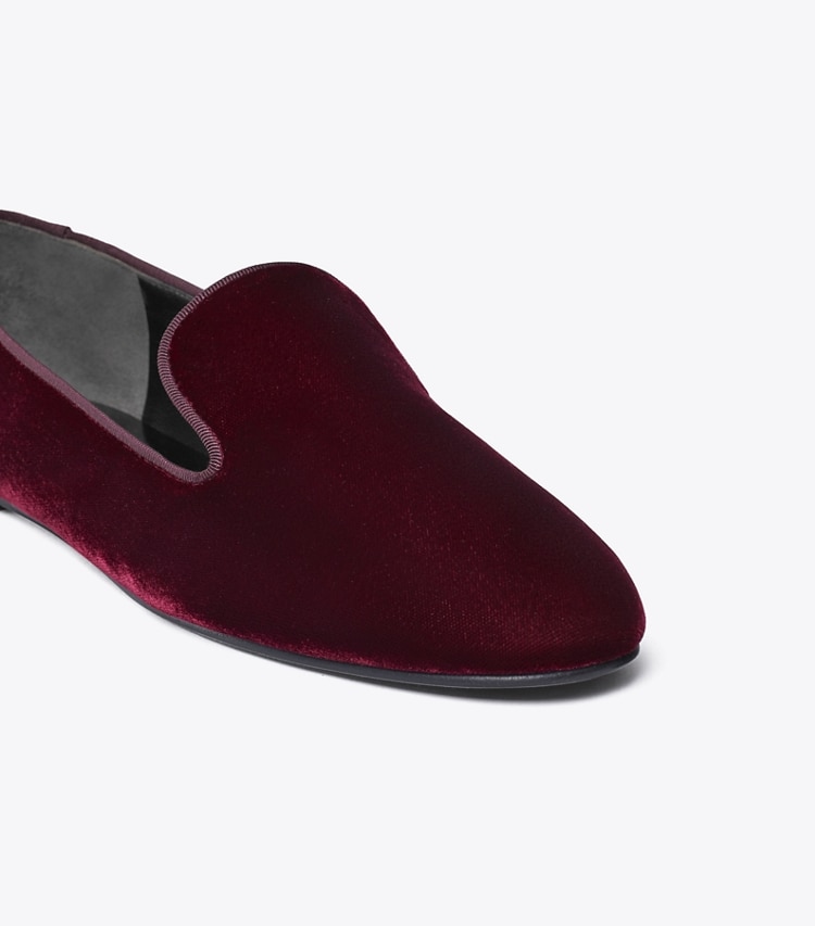 Tory Burch designer flats Smoking Slipper in DARK CARMINE detail