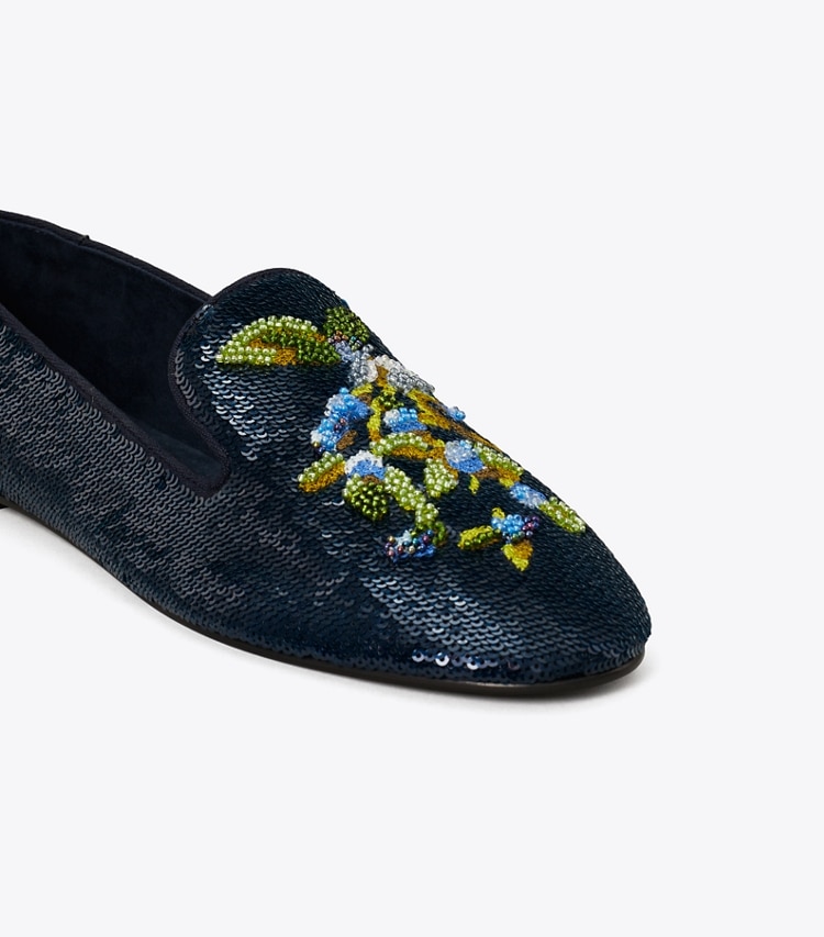 Tory Burch designer flats Smoking Slipper in MEDIUM NAVY detail