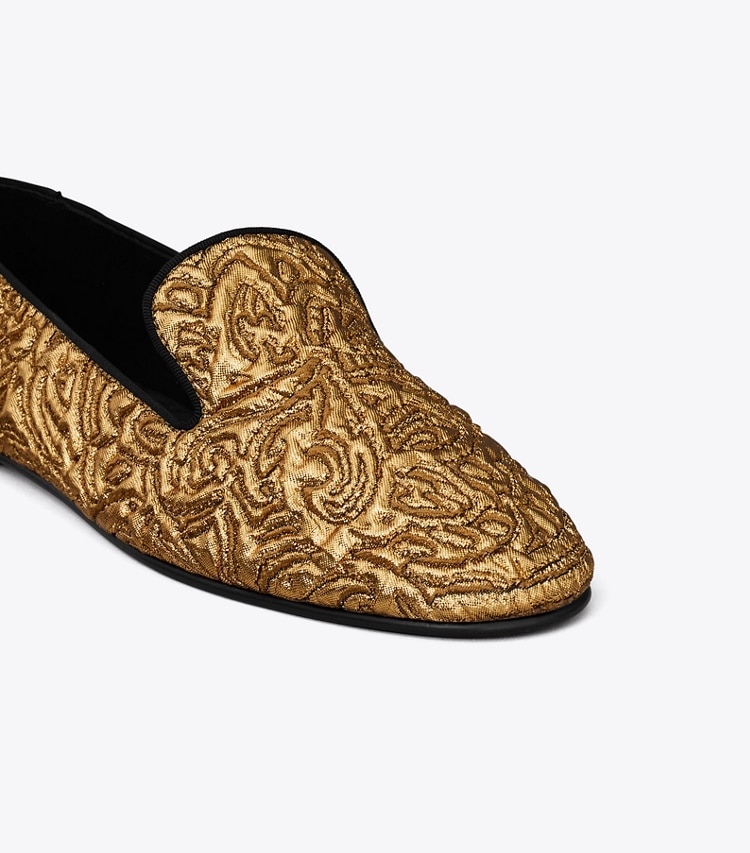 Tory Burch designer flats Smoking Slipper in GOLD TEMPLE detail