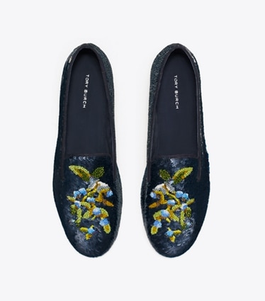Tory Burch designer flats Smoking Slipper in MEDIUM NAVY overhead