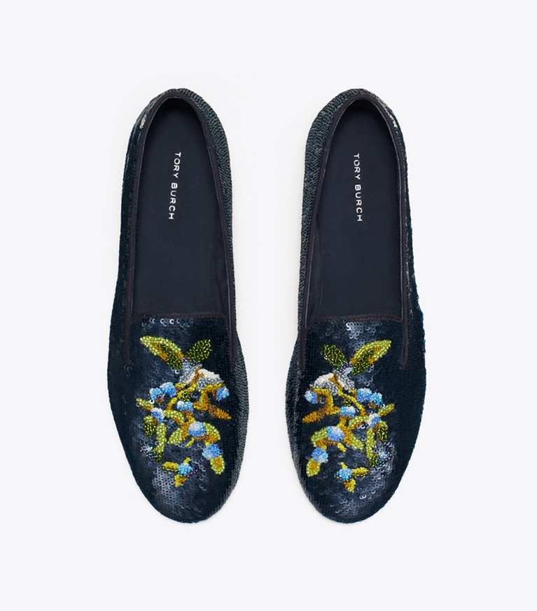 Tory Burch designer flats Smoking Slipper in MEDIUM NAVY overhead