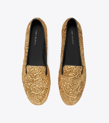 Tory Burch designer flats Smoking Slipper in GOLD TEMPLE overhead