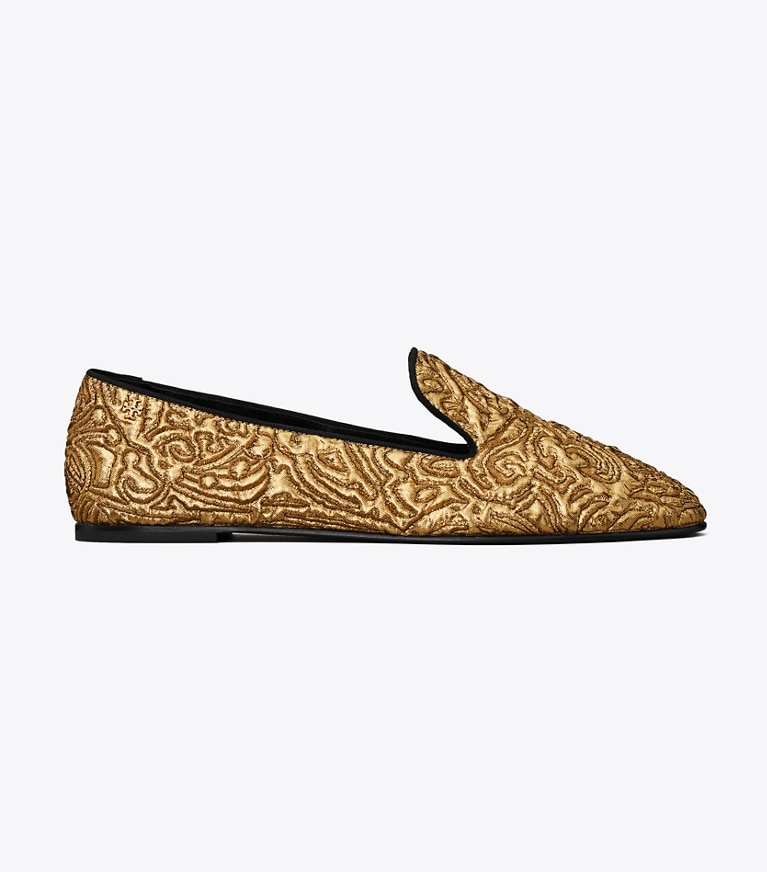 Tory Burch designer flats Smoking Slipper in GOLD TEMPLE side