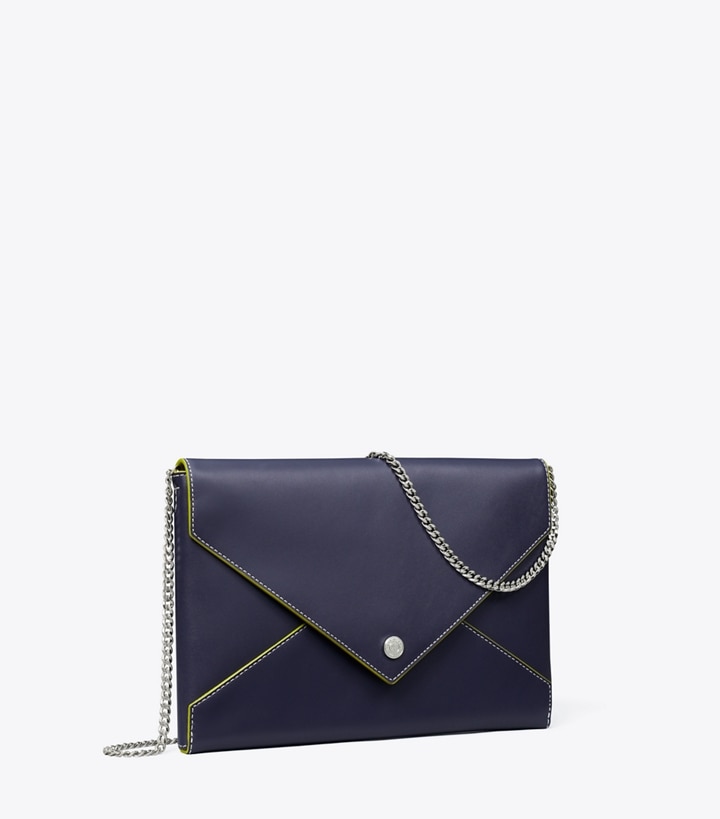 Tory Burch designer clutches Smooth Leather Envelope Chain Pouch in Midnight angle