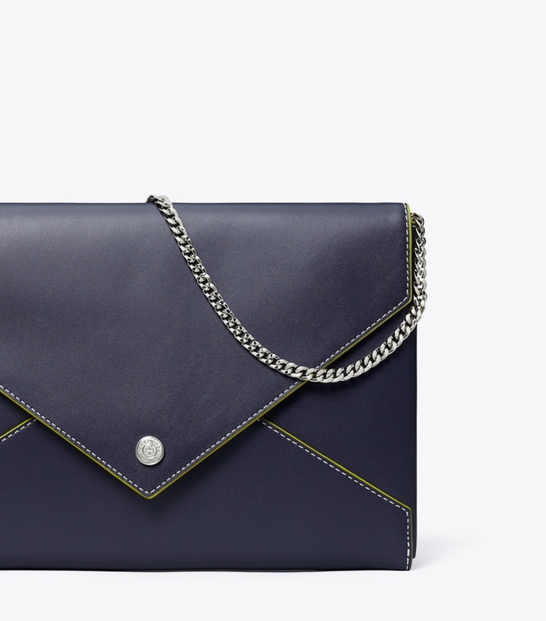 Tory Burch designer mini bags Smooth Leather Envelope Chain Pouch in Midnight angle