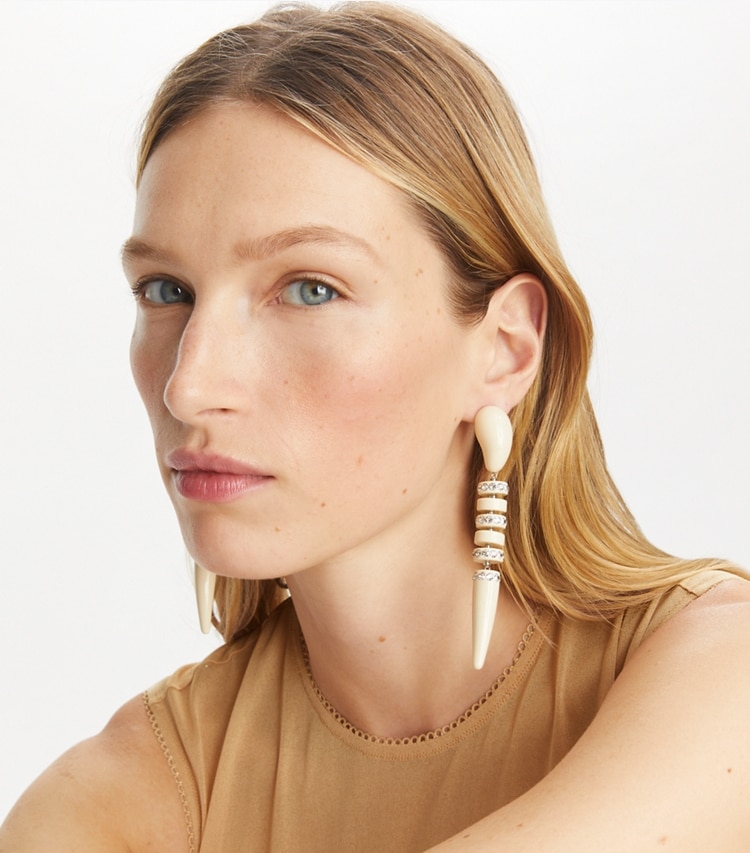 Tory Burch designer earrings Snake Earring in Ivory / Crystal accessory on model
