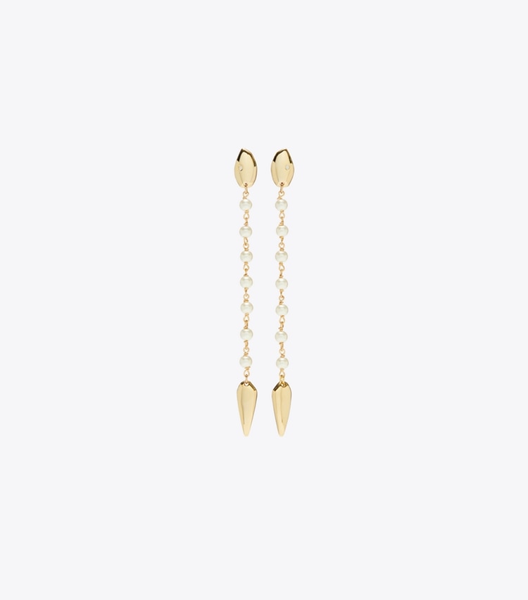 Tory Burch designer earrings Snake Linear Earring in Tory Gold / Pearl front