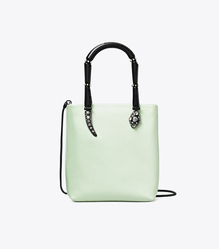 Tory Burch designer crossbody bags Snake Mini Tote Bag aus Satin mit Henkel in Mint front