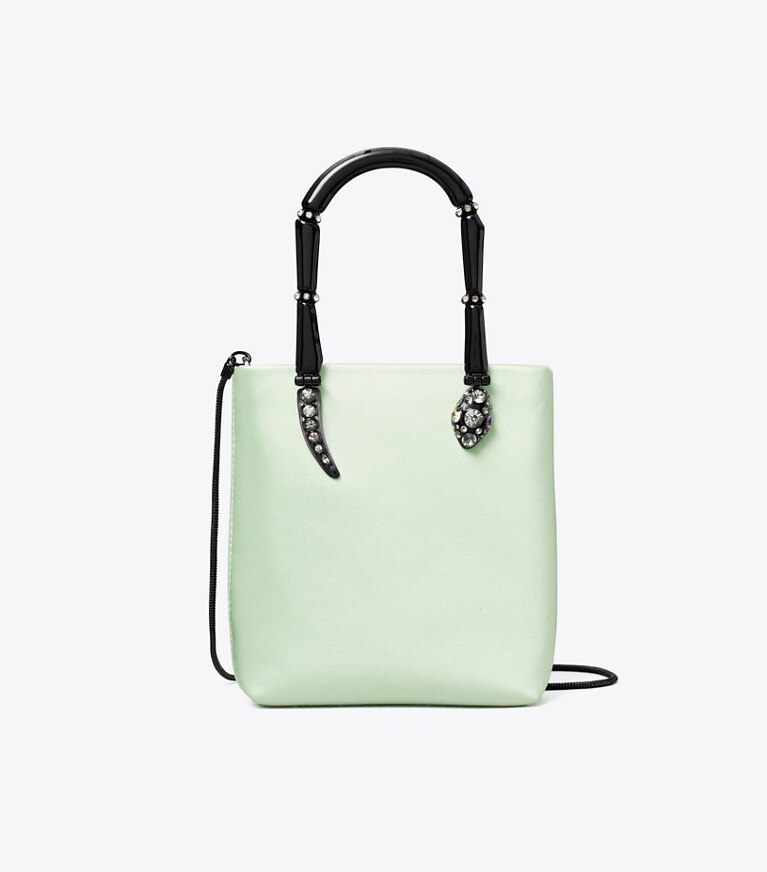 Tory Burch designer crossbody bags Snake Mini Tote Bag aus Satin mit Henkel in Mint angle