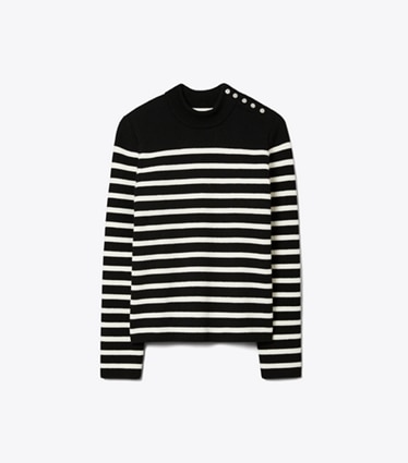 Tory Sport designer sweaters Snap Shoulder Striped Sweater in Black / New Ivory front