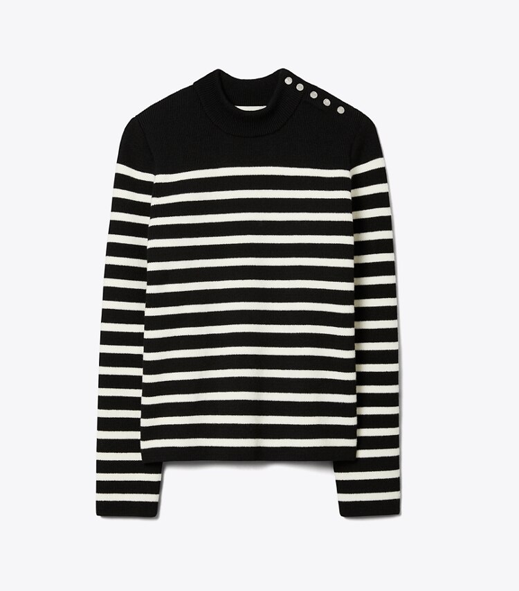 Tory Sport designer sweaters Snap Shoulder Striped Sweater in Black / New Ivory front