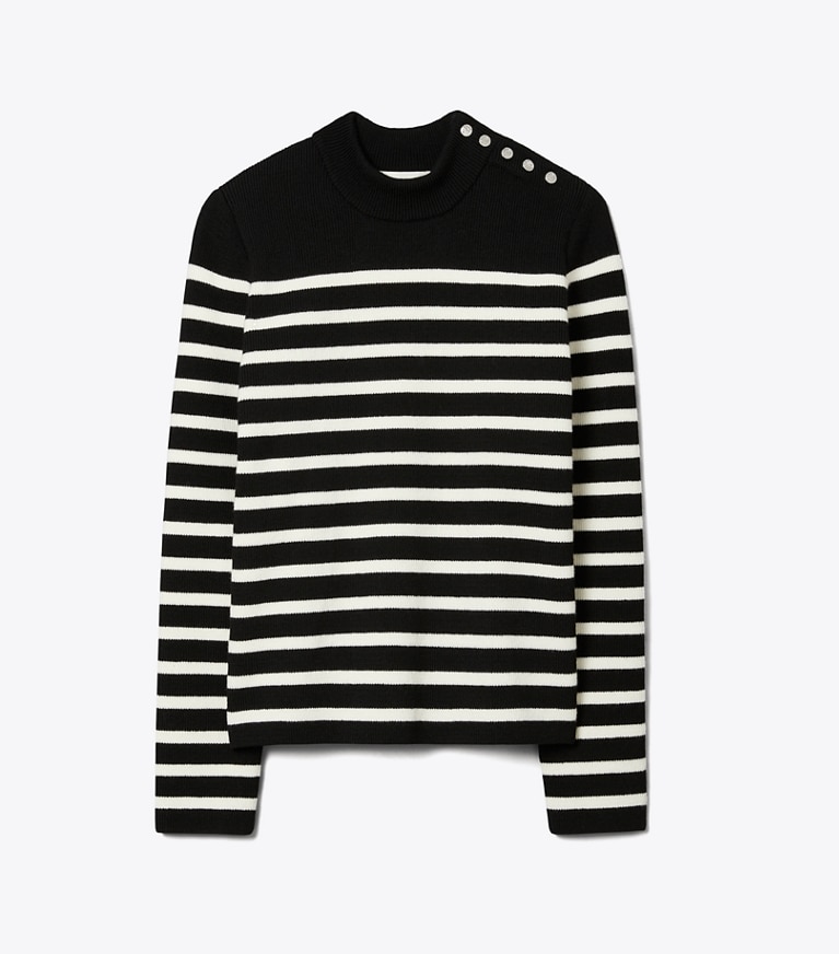 Tory Sport designer sweaters Snap Shoulder Striped Sweater in Black / New Ivory front