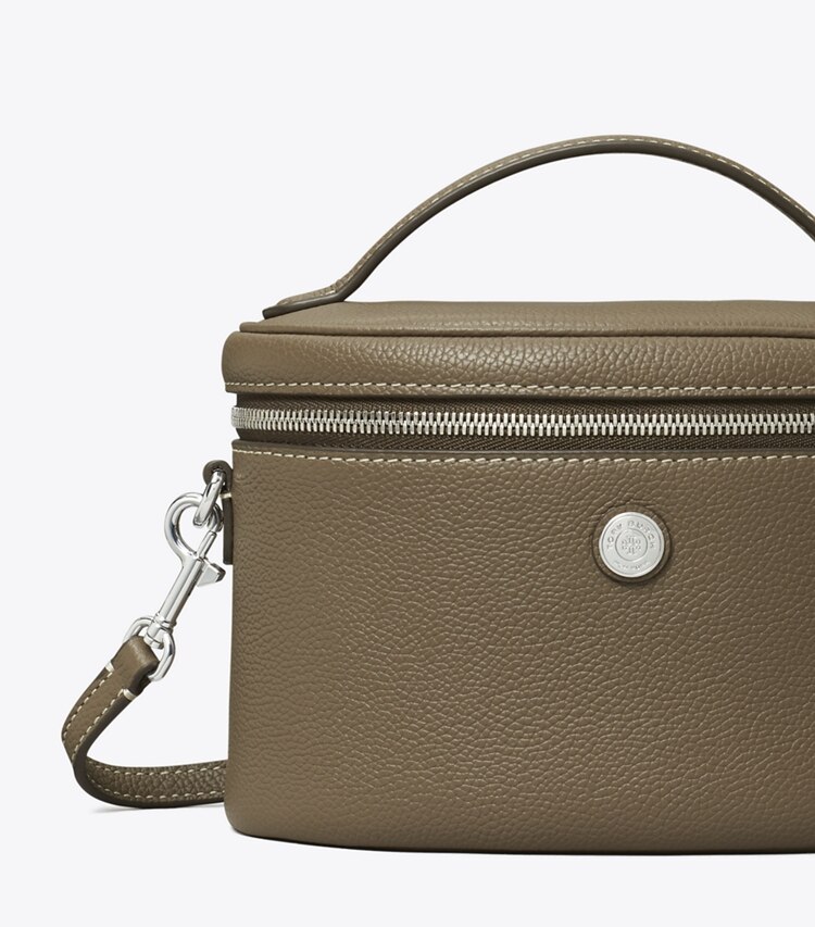 Tory Burch designer mini bags Soft Pebbled Vanity Case in Wild Mushroom detail