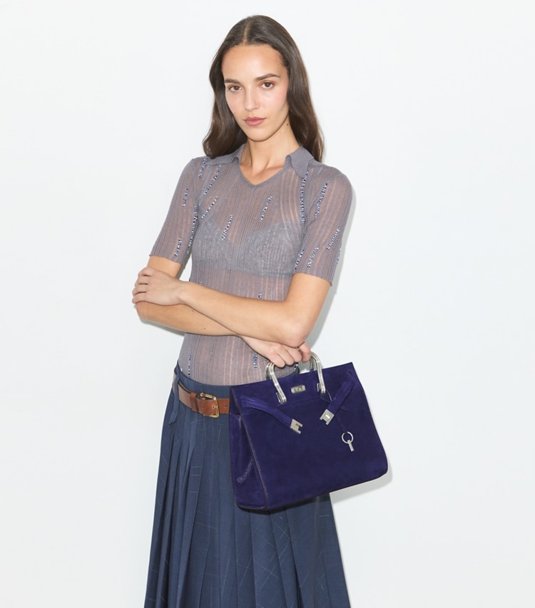 Tory Burch designer tote bags Soft Suede Lee Radziwill Bag in Navy accessory on model