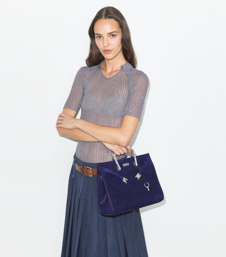 Tory Burch designer tote bags Soft Suede Lee Radziwill Bag in Navy accessory on model