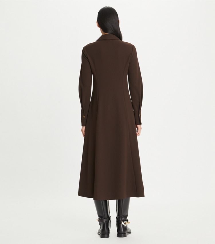 Tory Burch designer dresses Solid Crepe Shirtdress in Dark Cocoa on model back