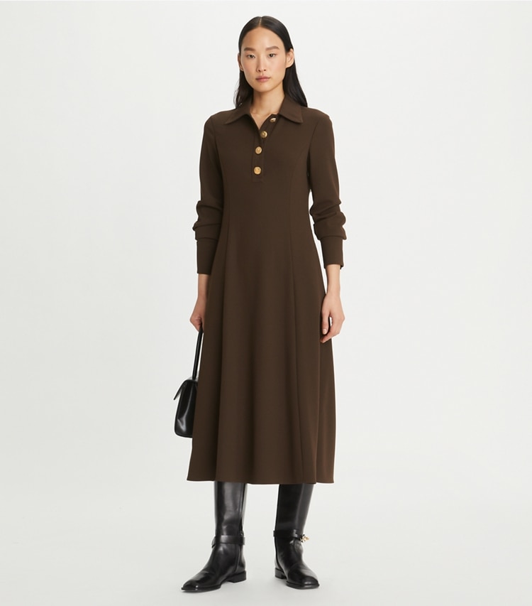Tory Burch designer dresses Solid Crepe Shirtdress in Dark Cocoa on model front