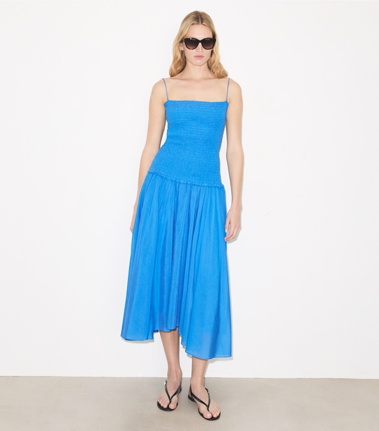 Tory Burch designer dresses Solid Smocked Dress in Bay Blue on model front