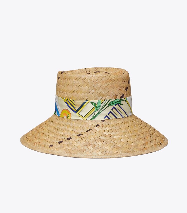 Tory Burch diseñador sombreros Sombrero de paja con cinta en Natural / The Pool Blue frente